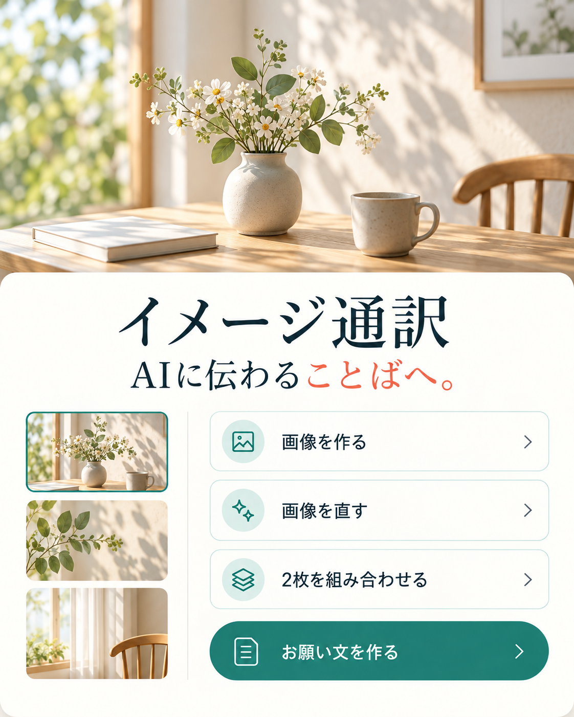 イメージ通訳の選択画面と、明るい机上の作例写真